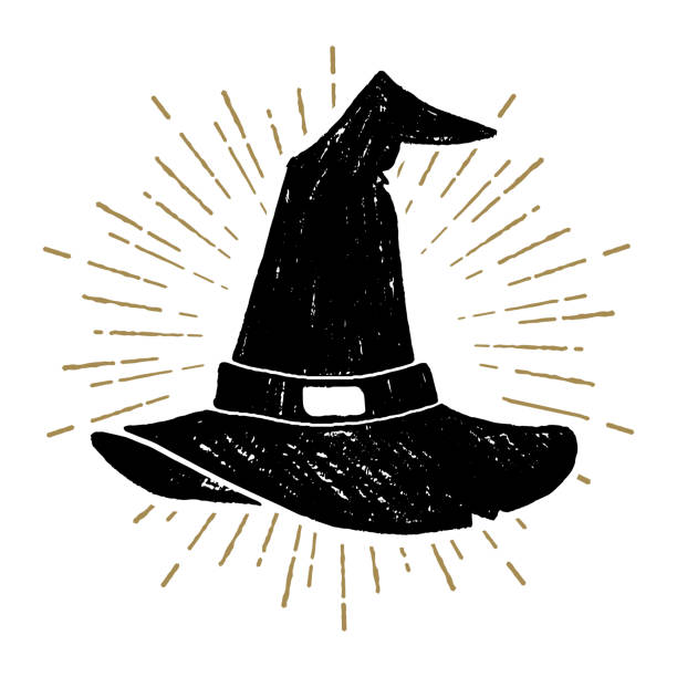 illustrazioni stock, clip art, cartoni animati e icone di tendenza di etichetta di halloween disegnata a mano con illustrazione vettoriale strutturata. - witchs hat