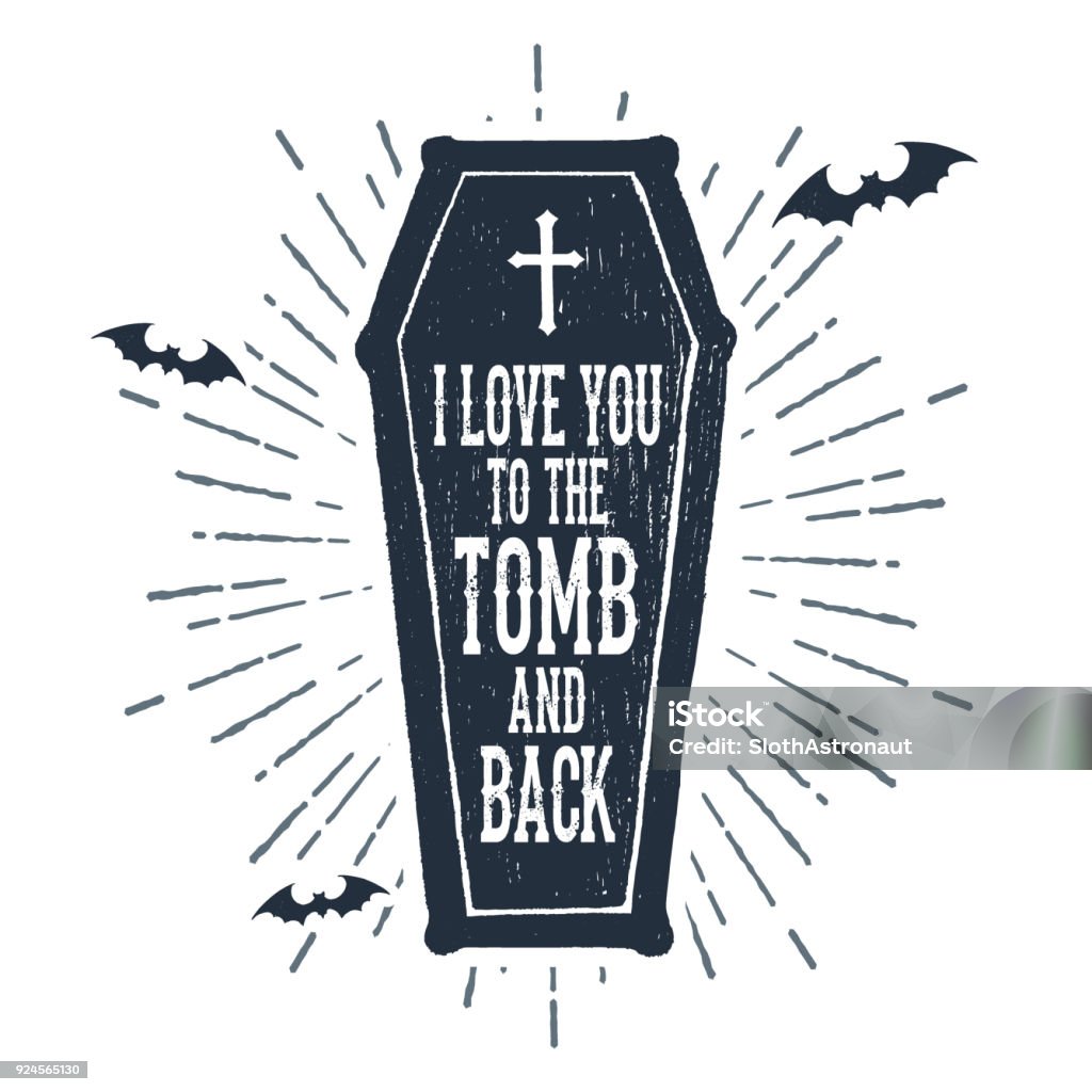 Hand drawn Halloween label with textured vector illustration. Hand drawn Halloween label with textured coffin vector illustration and "I love you to the tomb and back" lettering. Coffin stock vector