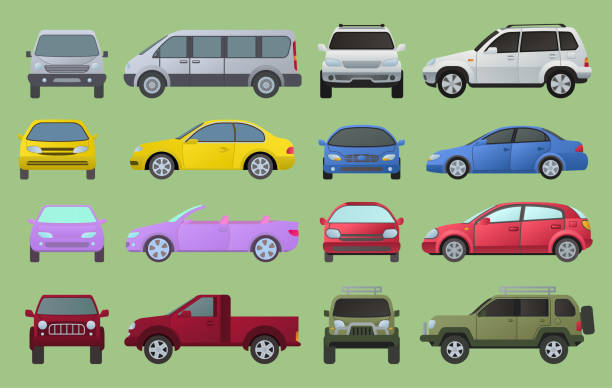 ilustraciones, imágenes clip art, dibujos animados e iconos de stock de iconos de coche ciudad modelo diferentes objetos set multicolor automóvil superdeportivo. parte superior del símbolo de la rueda y vista frontal lateral tipos de automóviles. tipos de tráfico colección camper car, sedán, minivan camiones automotriz - facade