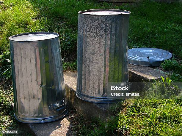 Silver Caixotes Do Lixo - Fotografias de stock e mais imagens de Amolgado - Amolgado, Cheiro desagradável, Degraus