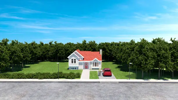 Electric car is connected by cable to charging station in front of a house. The battery of the car is getting refueled with power. There is a lawn in front of the house with grass and the sun is shining. The image is a 3D render.