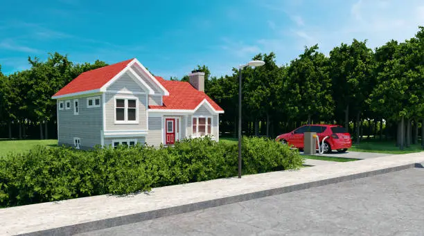 Electric car is connected by cable to charging station in front of a house. The battery of the car is getting refueled with power. There is a lawn in front of the house with grass and the sun is shining. The image is a 3D render.