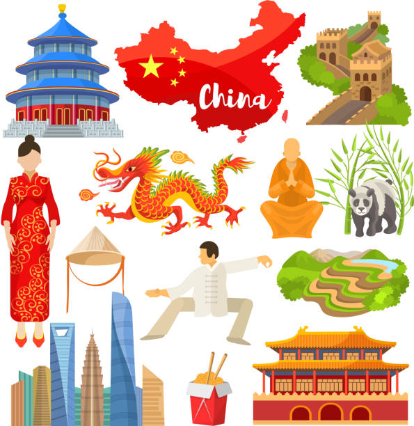 ilustrações de stock, clip art, desenhos animados e ícones de china vector chinese culture in asia and great wall of china illustration set of asian symbols panda dragon traditional dress and flag on white background - skyscraper travel people traveling traditional culture