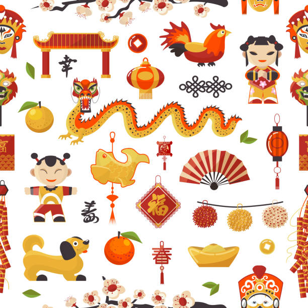 china neujahr vektor-icons set dekorative urlaub. chinesische traditionelle symbole und gegenstände drache, hund, leichter und berühmten orientalischen kultur chinesische neujahr feier musterdesign hintergrund - chinese temple dog stock-grafiken, -clipart, -cartoons und -symbole