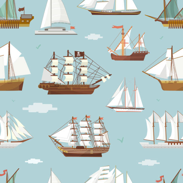 벡터 선박 보트 소형 선박 오래 된 빈티지 범선 기념품 바다 선박 여행 백색 canvase 완벽 한 패턴 배경. 모험 요트 - sailboat sail sailing symbol stock illustrations