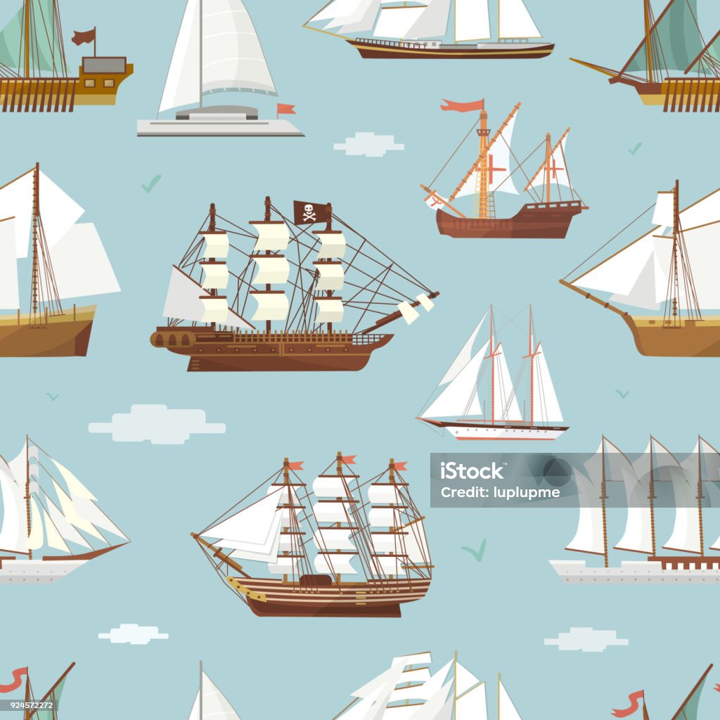 Vector ship boat miniature vessel old vintage sailboat souvenir sea shipping travel white canvase seamless pattern background. Adventure sailboats Vector ship boat miniature vessel old vintage sailboat souvenir sea shipping travel white canvase seamless pattern background. Adventure sailboats. Ship stock vector