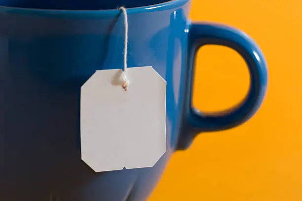 Photo of teabag label hanging from a mug