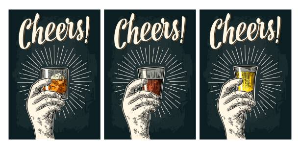 ilustrações de stock, clip art, desenhos animados e ícones de male hand holding glass brandy with ray. cheers calligraphy lettering - whisky ice cube glass alcohol