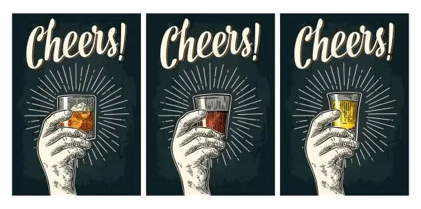 Vector illustration of Male hand holding glass brandy with ray. Cheers calligraphy lettering