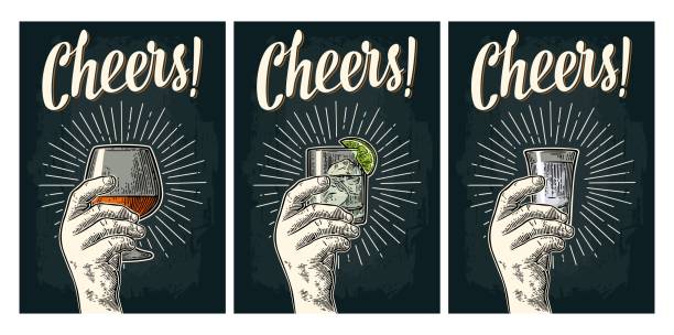 Male hand holding glass brandy, gin, vodka with ray. Cheers calligraphy lettering. Vintage vector color and monochrome engraving illustration for poster, invitation to party. Isolated on dark background
