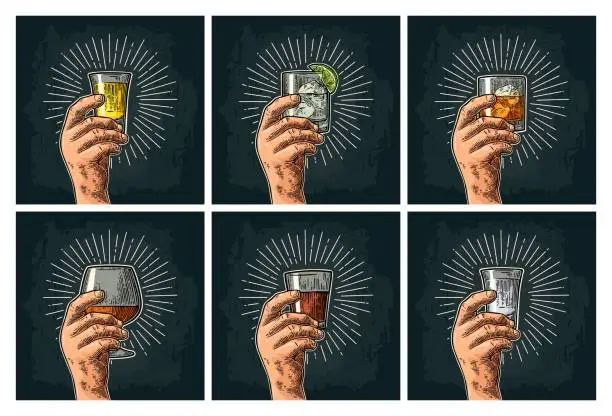 Vector illustration of Male hand holding glass brandy, tequila, gin, vodka, rum, whiskey.