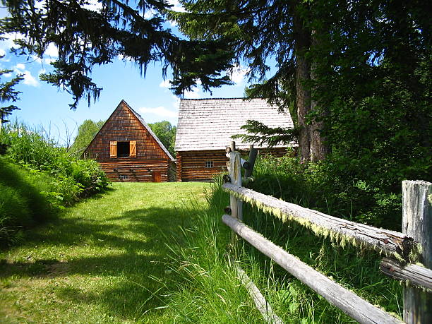 istock Old log fence and log barns 92460703