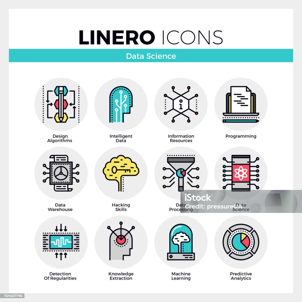 Data Science Linero Icons Set Line icons set of intelligent data science, machine learning. Modern color flat design linear pictogram collection. Outline vector concept of mono stroke symbol pack. Premium quality web graphics material. Artificial Intelligence stock vector