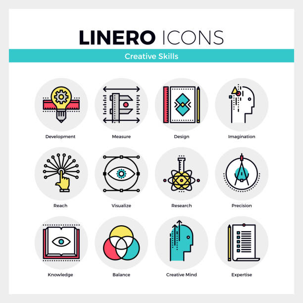 창조적인 능력 linero 아이콘 세트 - drawing compass caliper computer icon work tool stock illustrations