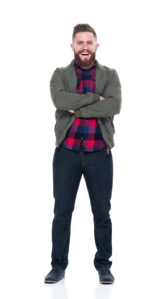 istock Man in bomber jacket and plaid shirt with arms crossed 924608954