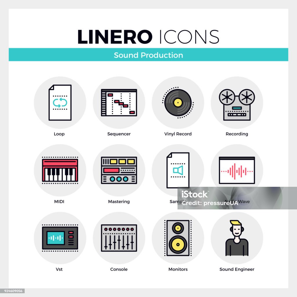 Sound Production Linero Icons Set Line icons set of sound production and audio mastering. Modern color flat design linear pictogram collection. Outline vector concept of mono stroke symbol pack. Premium quality web graphics material. Sound Effect stock vector