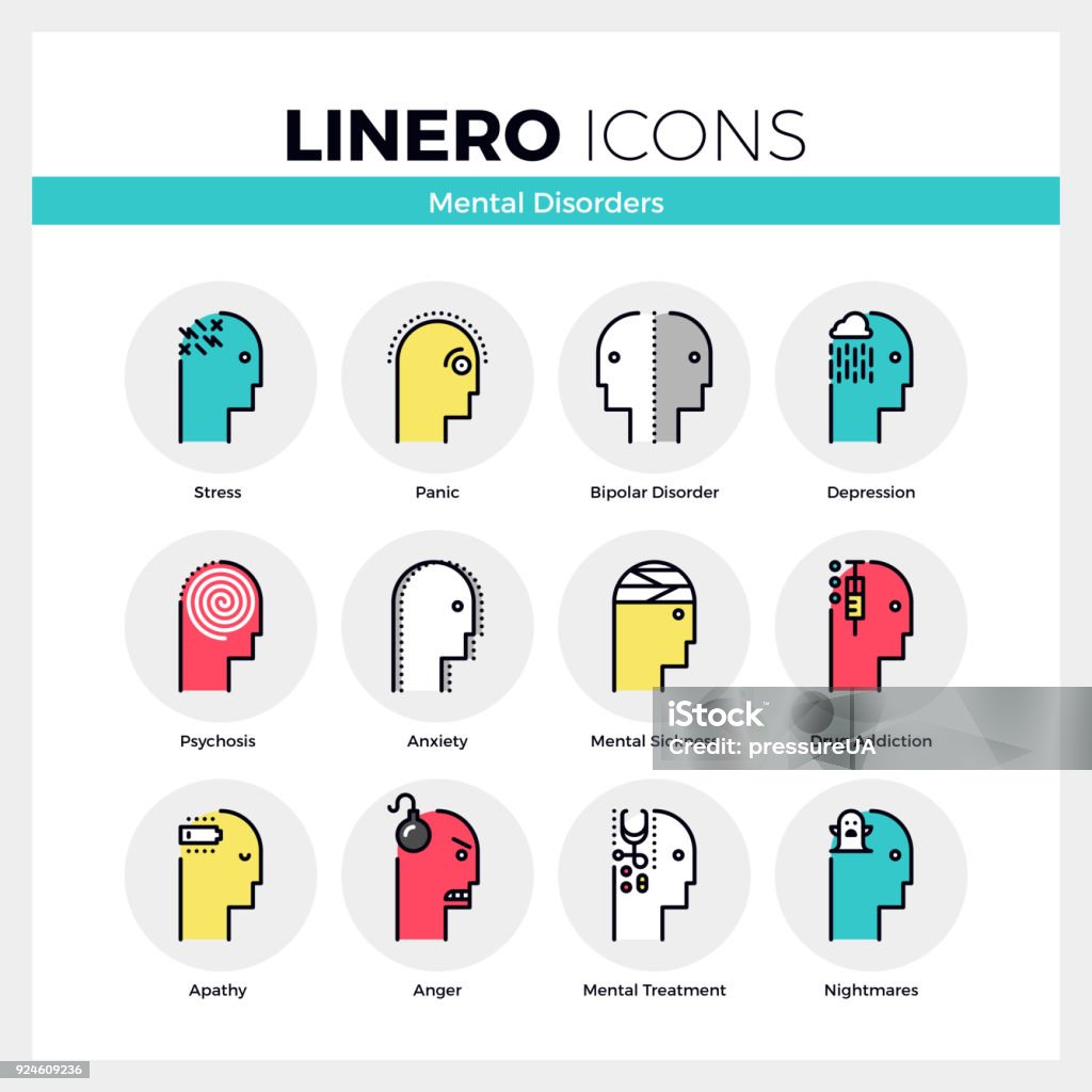 Mental Disorders Linero Icons Set Line icons set of human mental disorders, personal emotions. Modern color flat design linear pictogram collection. Outline vector concept of mono stroke symbol pack. Premium quality web graphics material. Icon Symbol stock vector