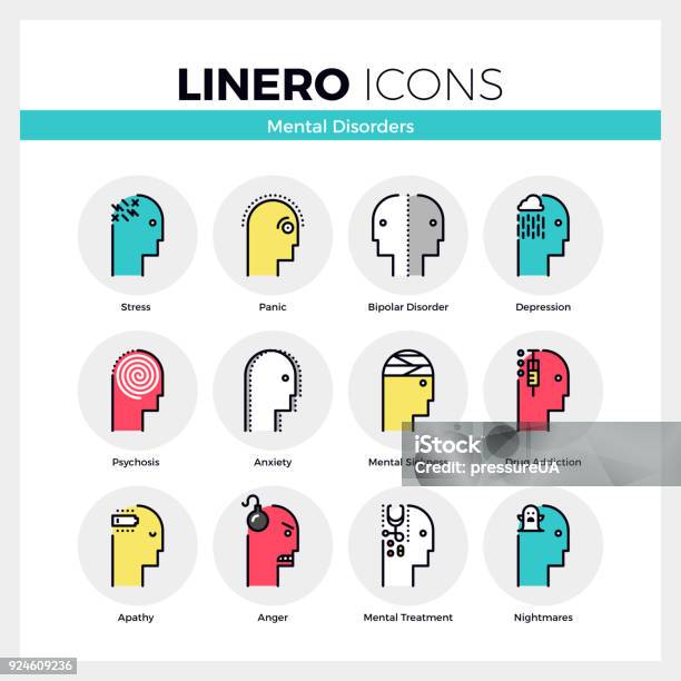 Mental Disorders Linero Icons Set Stock Illustration - Download Image Now - Icon Symbol, Bipolar Disorder, Human Nervous System