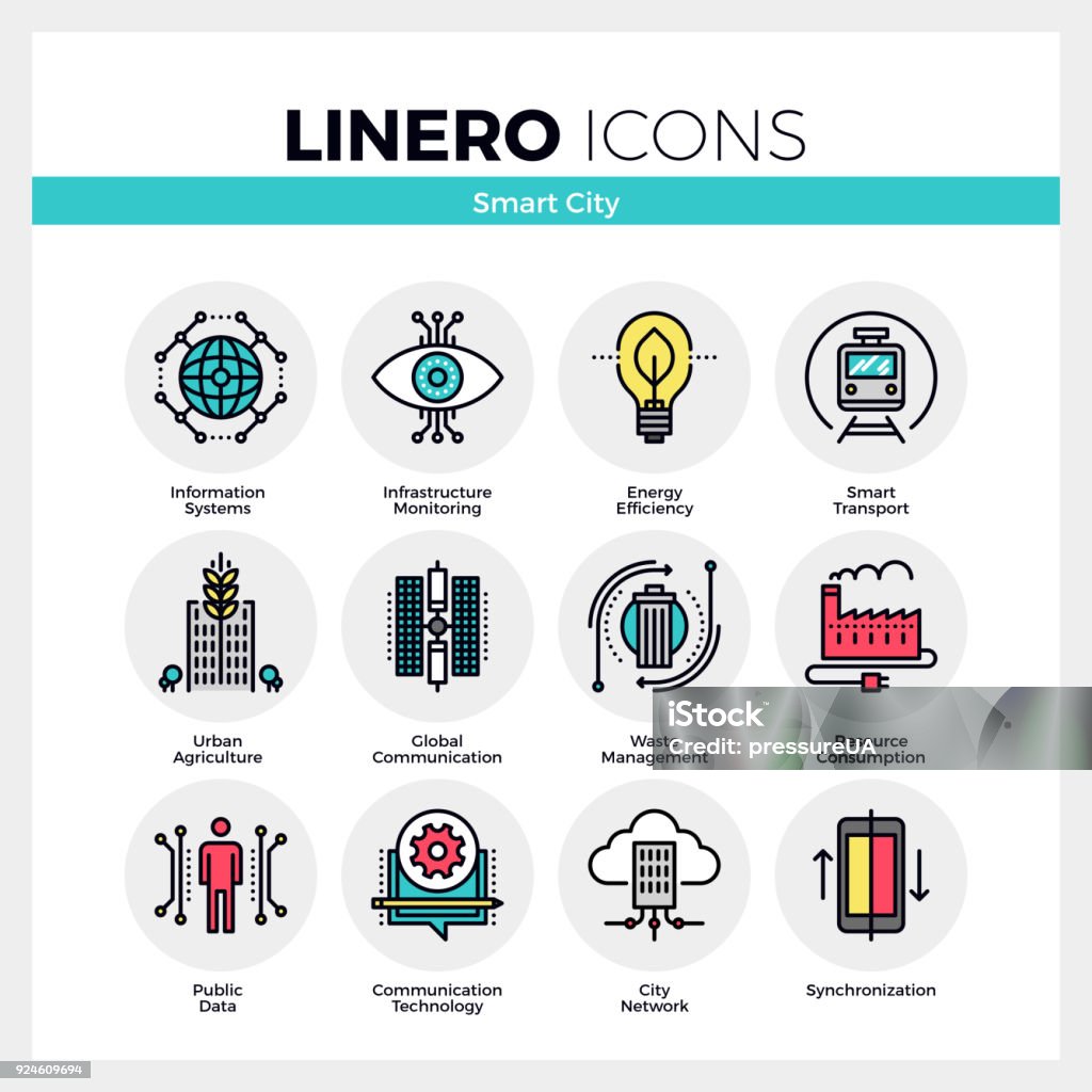 Smart City Linero Icons Set Line icons set of future smart city infrastructure system. Modern color flat design linear pictogram collection. Outline vector concept of mono stroke symbol pack. Premium quality web graphics material. Icon Symbol stock vector