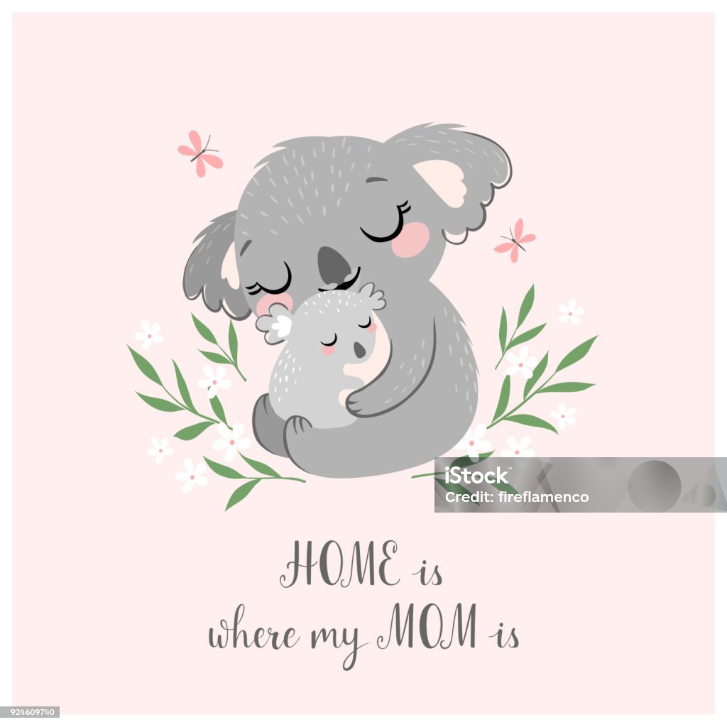 Cute koala MOM and baby Mother's day greeting card or poster with cute koala mother and baby on pink background. Koala stock vector
