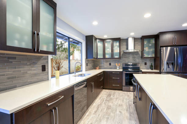 istock Updated contemporary kitchen room interior in white and dark tones. 924624168