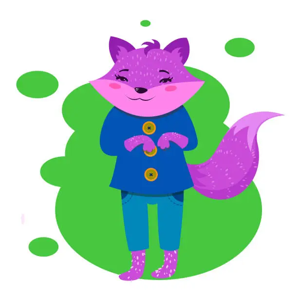 Vector illustration of Funny orange fox character. Humanized forest animal in jeans trousers and blue shirt.
