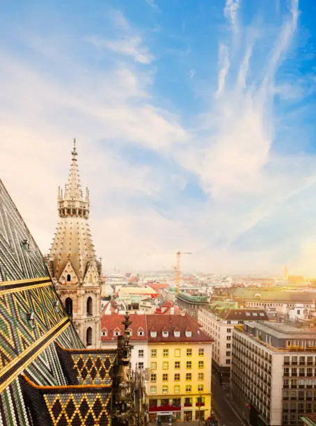 St. Stephen Cathedral in Vienna with view of the city at sunset