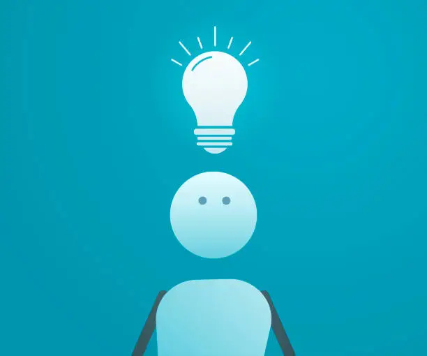 Vector illustration of Character with lightbulb above his head having an idea. Vector illustration