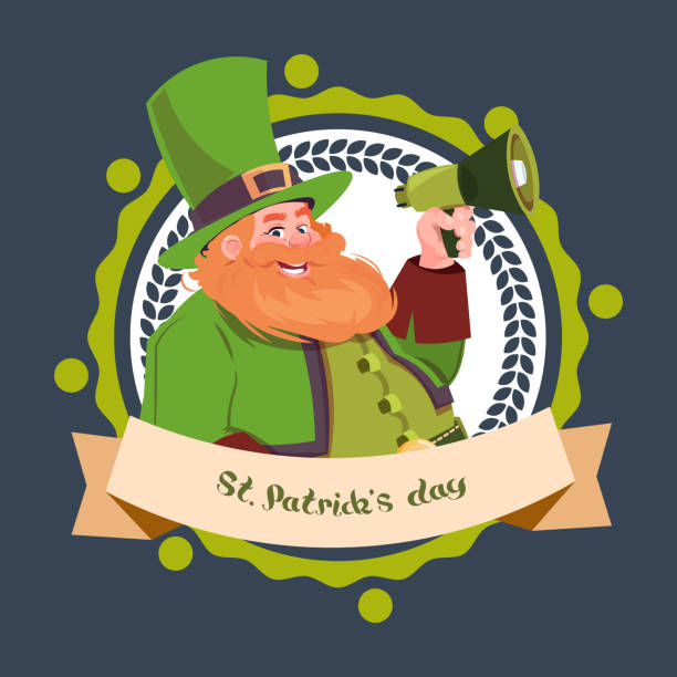 ilustraciones, imágenes clip art, dibujos animados e iconos de stock de feliz día de san patricio emblema etiqueta con leprechaun con megáfono - celtic culture audio