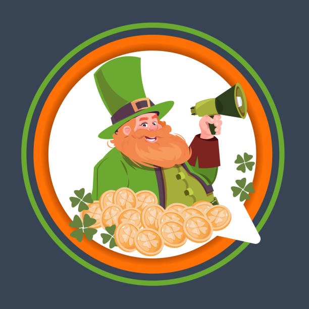 ilustraciones, imágenes clip art, dibujos animados e iconos de stock de feliz día de san patricio emblema etiqueta con leprechaun con megáfono - celtic culture audio