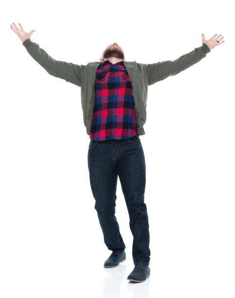 istock Man in bomber jacket and plaid shirt acting silly 924649858