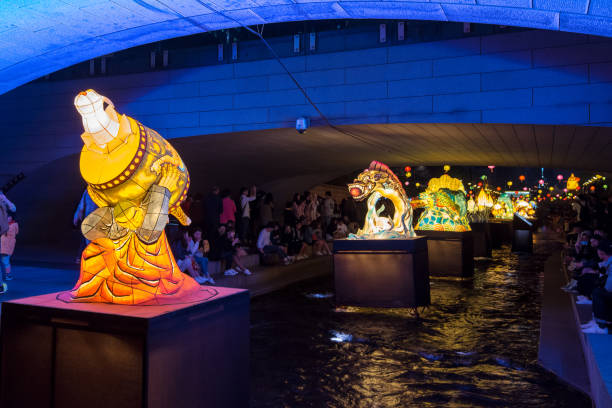 Seoul, South Korea - April, 2017: Cheonggyecheon stream lantern festival at night on