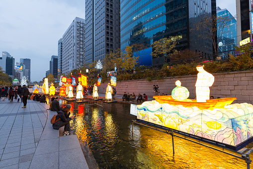 Seoul, South Korea - November, 11: Cheonggyecheon stream lantern festival at night.
