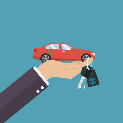 Hand holding car in palm and key on finger. Vector illustration