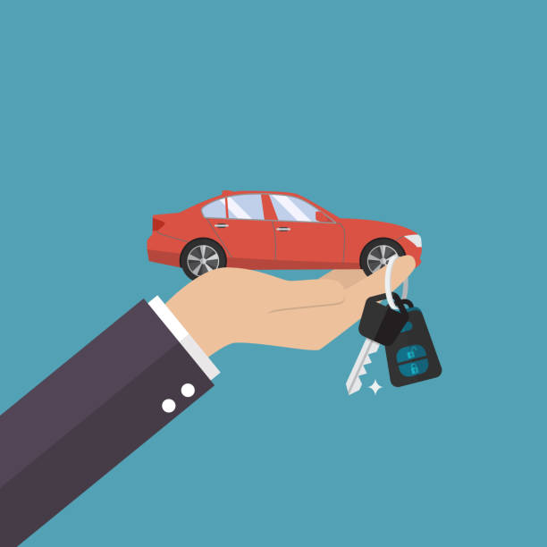 Hand holding car in palm and key on finger Hand holding car in palm and key on finger. Vector illustration car key illustrations stock illustrations