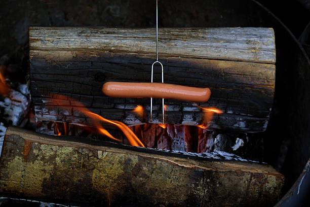 cookin a hot dog (2 из 4 - fire pit fire camping campfire стоковые фото и изображения