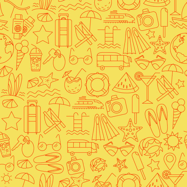 Vector illustration of seamless pattern with summer symbols Summer Vocation pattern. Vector illustration of seamless pattern with summer symbols. beach designs stock illustrations