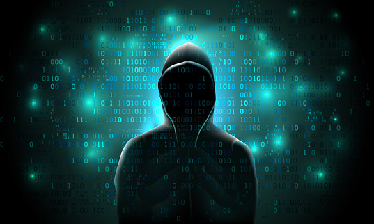 Silhouette of a hacker on a background with binary code and lights, hacking of a computer system, theft of data
