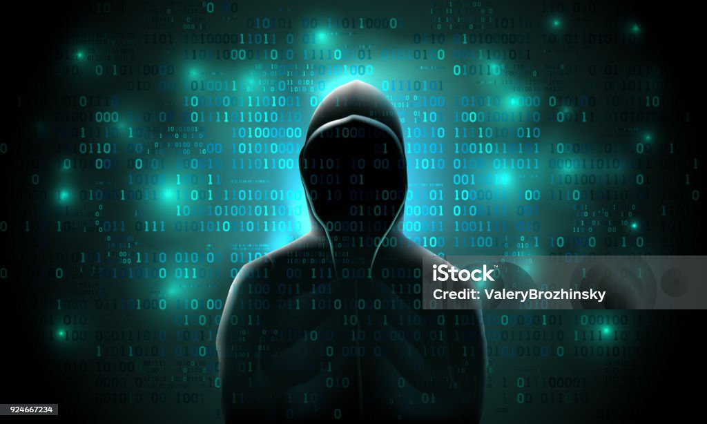 Silhouette of a hacker on a background with binary code and lights, hacking of a computer system, theft of data Computer Hacker stock vector