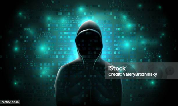 Silhouette Of A Hacker On A Background With Binary Code And Lights Hacking Of A Computer System Theft Of Data Stock Illustration - Download Image Now