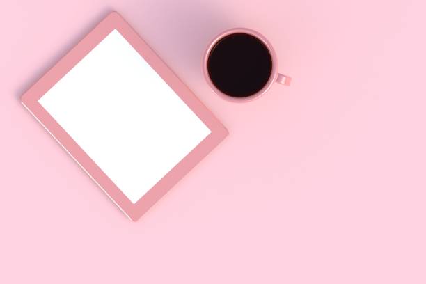 istock Coffee cup with tablet on pink background, Top view with copyspace for your text, 3D rendering 924667560