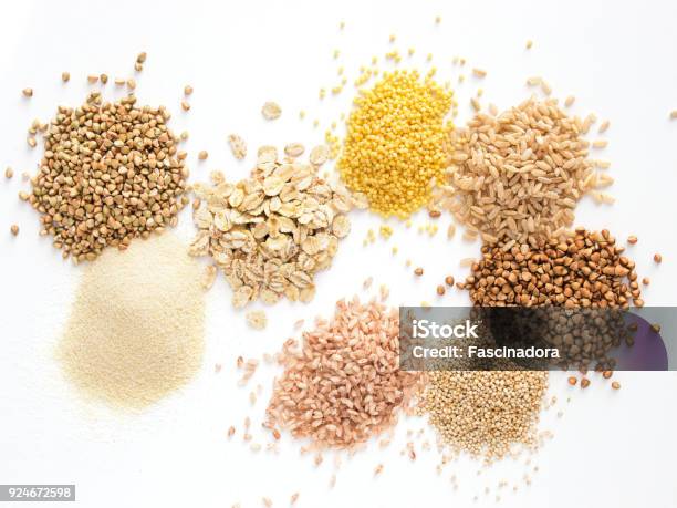 Set Of Heap Various Grains And Cereals Isolated Stock Photo - Download Image Now - Cereal Plant, Breakfast Cereal, Wholegrain