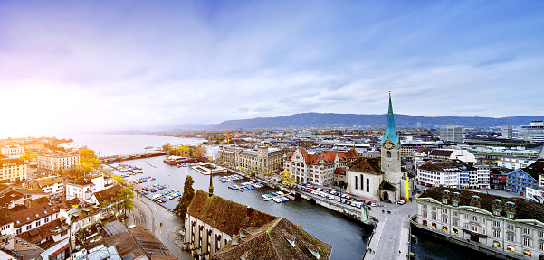Aerial view of Zurich's cityscape panoramic at sunset, Switzerland.