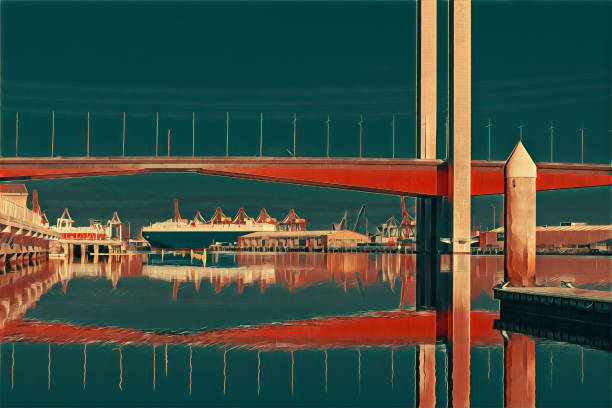 bolte 橋と大きな大洋横断の貨物船の様式化された図面 - transoceanic ストックフォトと画像