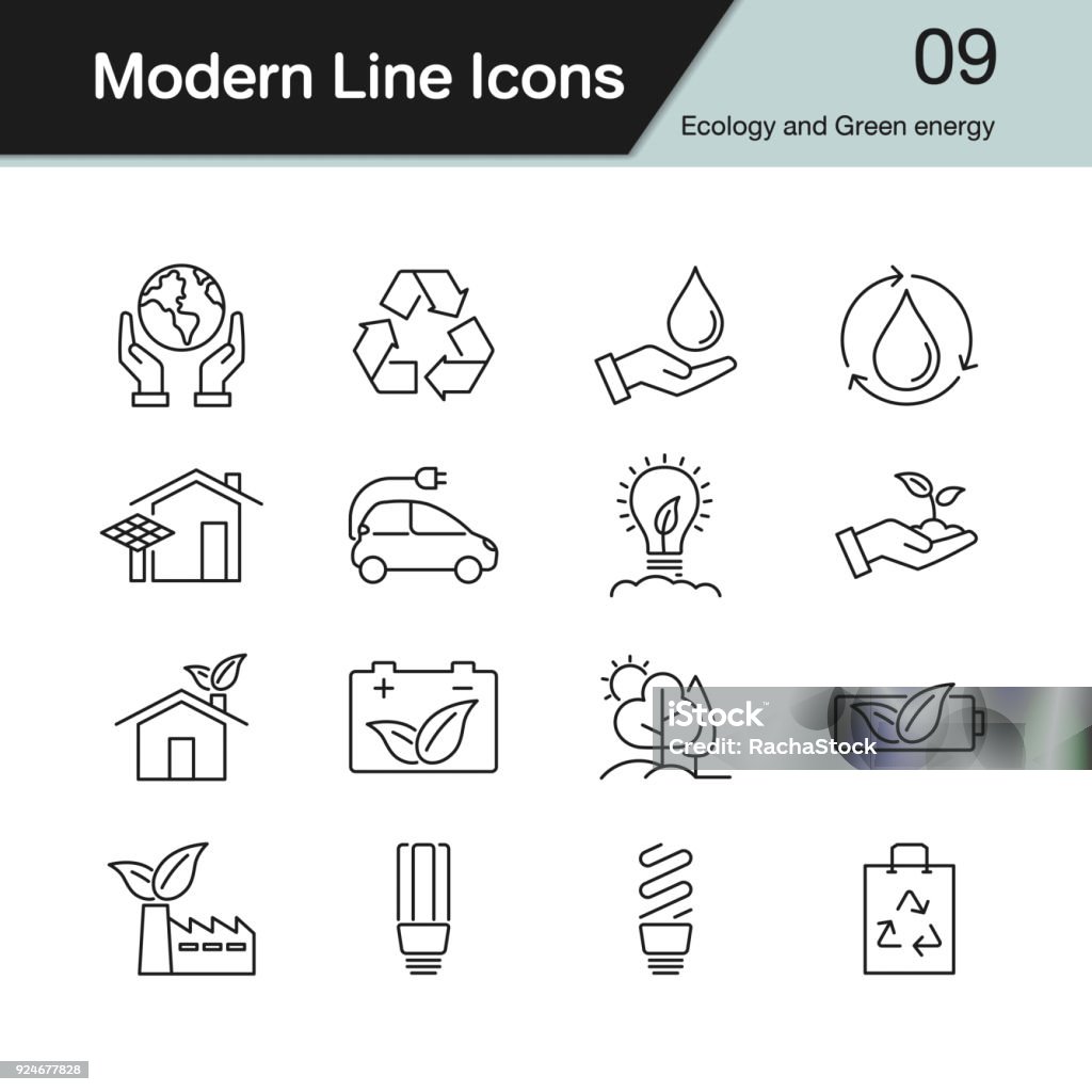 Ecology and Green energy icons. Modern line design set 9. Ecology and Green energy icons. Modern line design set 9. For presentation, graphic design, mobile application, web design, infographics. Vector illustration. Sustainable Resources stock vector