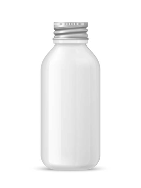 istock Ads template, blank skin care mockup with realistic white glass bottle with aluminum twisting cover for liquid gel, soap, lotion, cream, shampoo, bath foam and other cosmetics 924678016