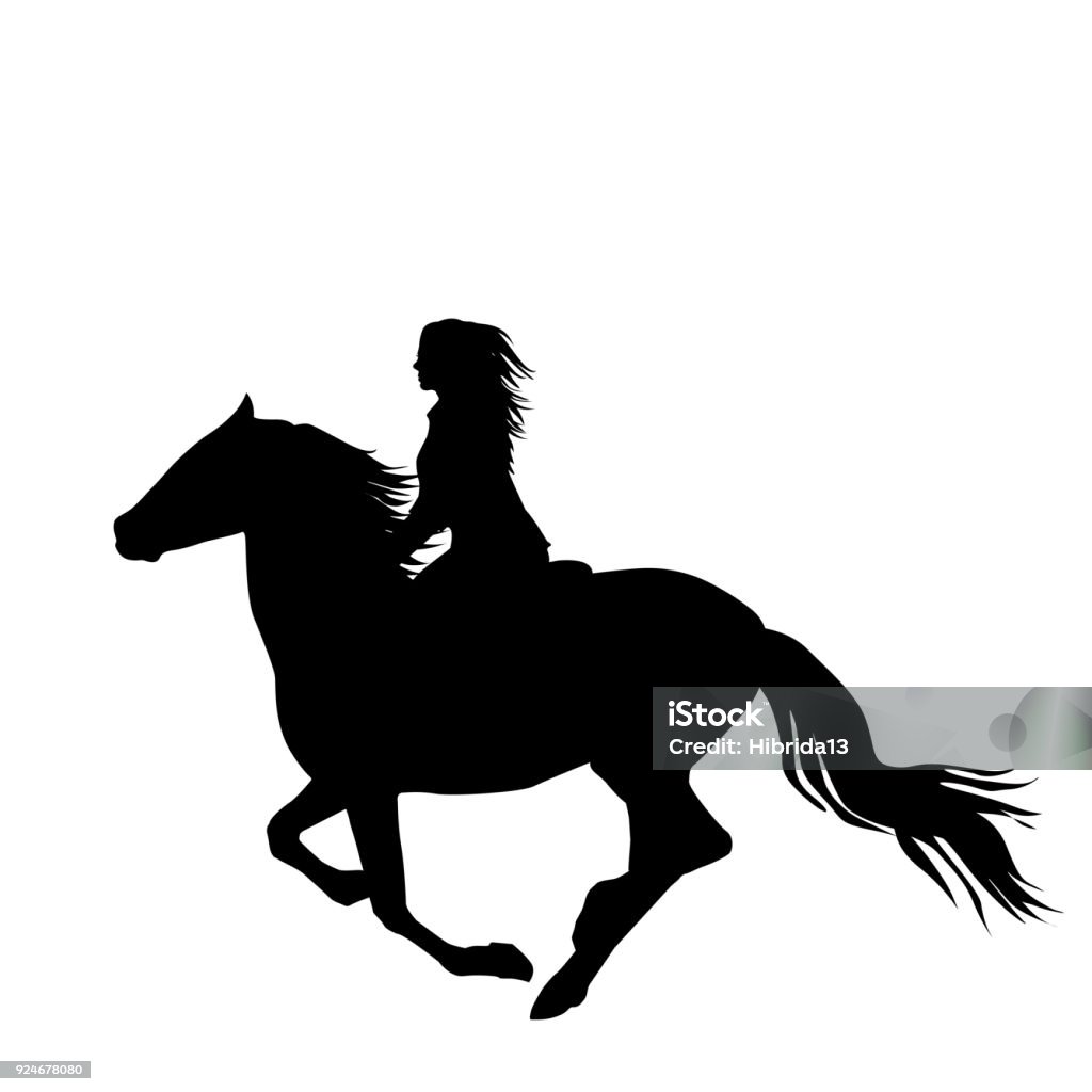 Black silhouette of a woman rider a running horse Horse stock vector