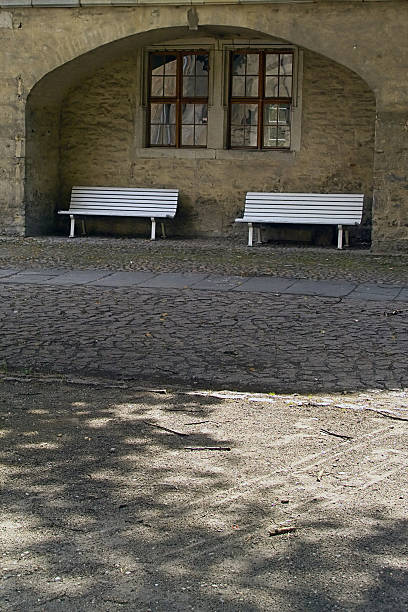 White benches stock photo