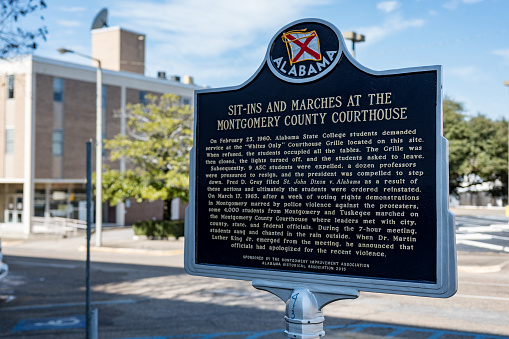 Historic marker in downtown Montgomery commemorating the Sit-Ins and Marches of the Civil Rights Movement.