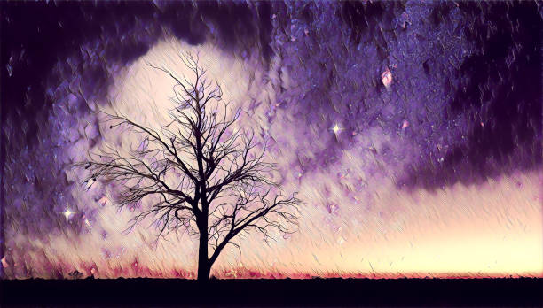 istock Bare tree silhouette in alien world illustration 924680742